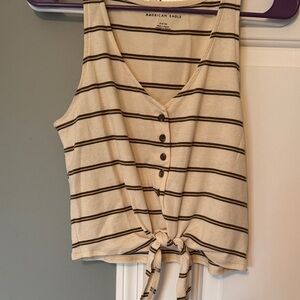 American Eagle Outfitters Cream and Black Striped Button Tie-Front Tank
